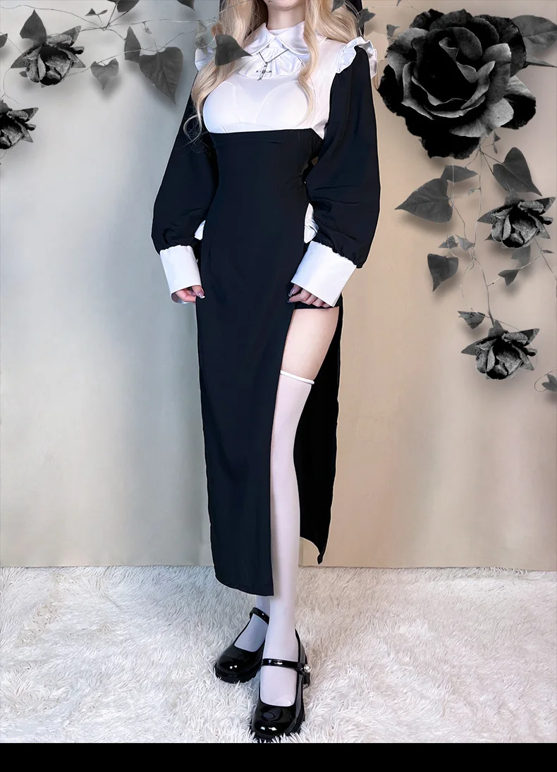 Cosplay Nun Costume Sexy Drag Nurse Costume Halloween Vampire Reaper Maid Plus Size Tight Babes Robe Comic Con