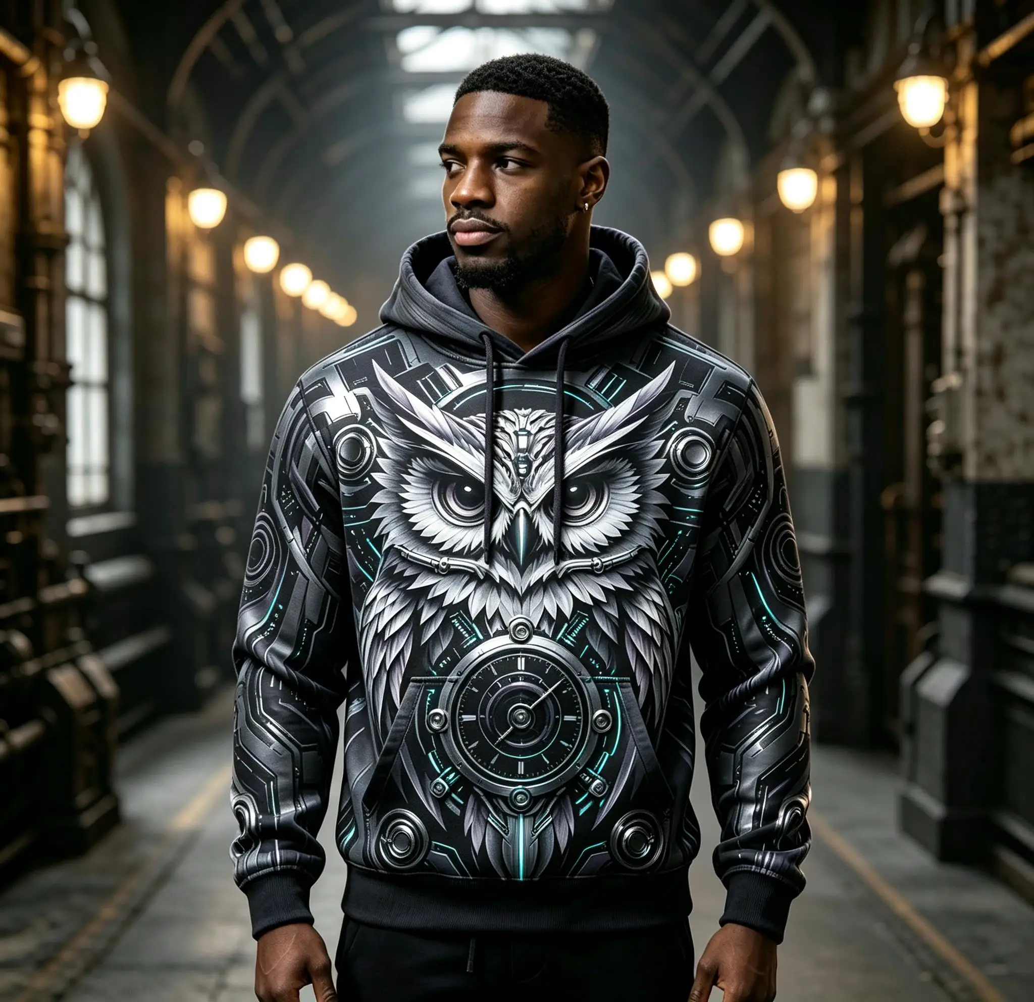Men Fleece Lined Hoodie Purple Silver Steampunk Mechanical Owl Clock Print Drawstring Pullover Sweatshirt