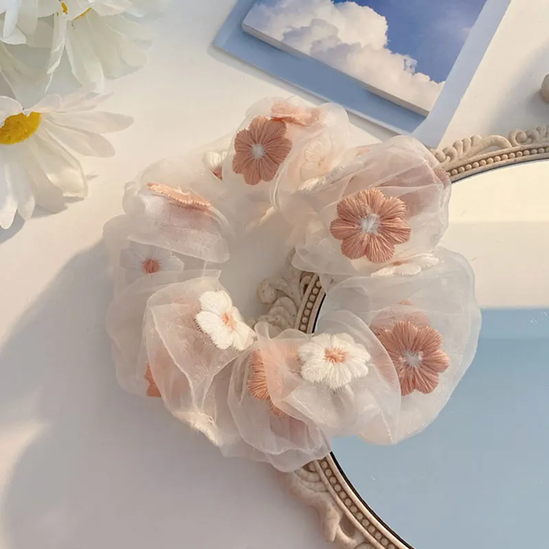 Sweet Embroidery Flowers Mesh Scrunchies Women Romantic Pink Blue Hair Rope Transparent Tulle Organza Hair Ties Hair Accessories