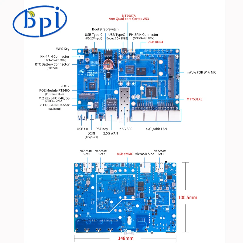 Banana Pi BPI-R4 Lite MT7987 Quad-core Arm Cortex-A53, 2 Go DDR4 8 Go eMMC Flash intégré, prise en charge M.2 pour module 4G/5G