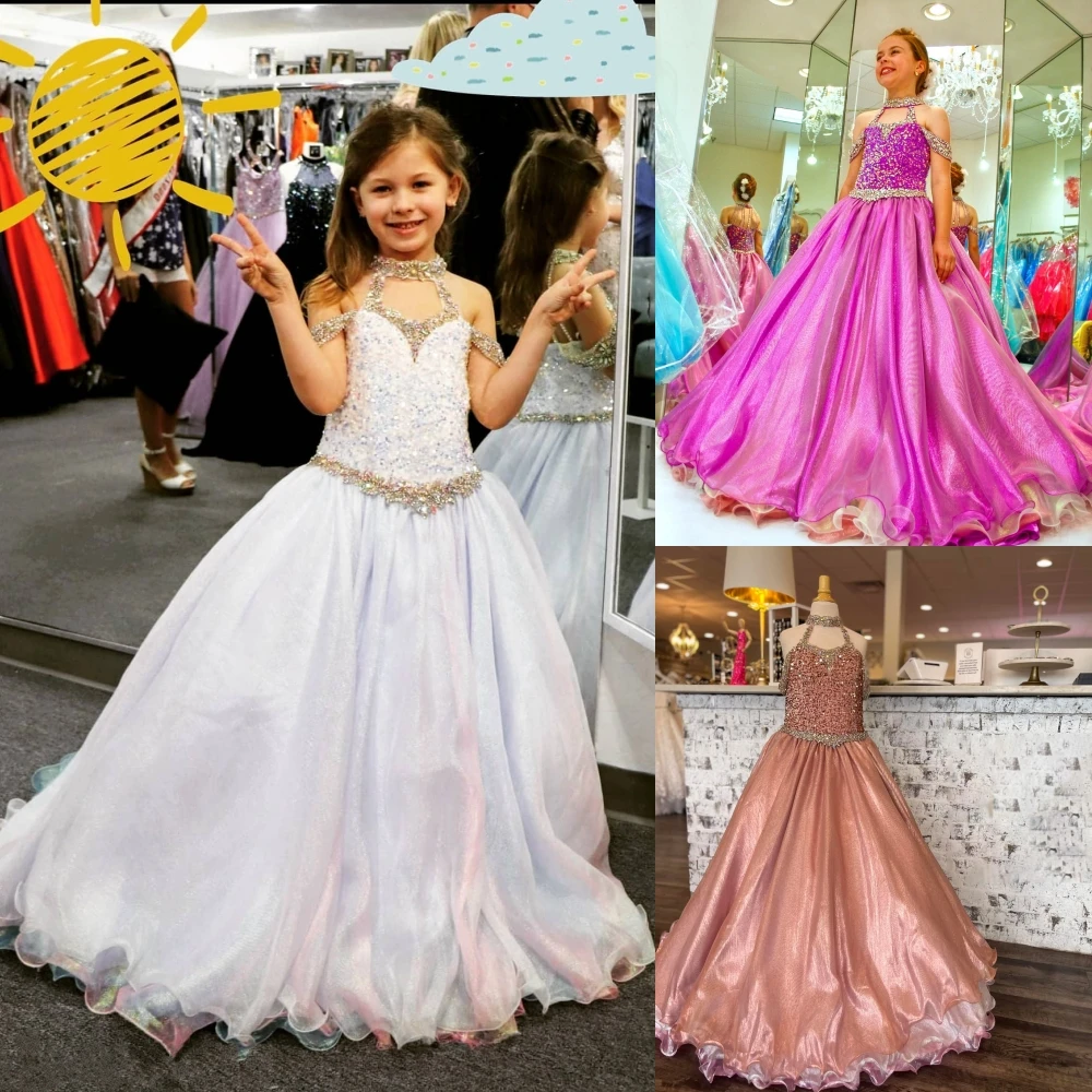 2023 Girls Pageant Dresses unicorn Plus Size Zipper Halter Real-Picture Beading Organza Little Girl Birthday Crystal AB Stones