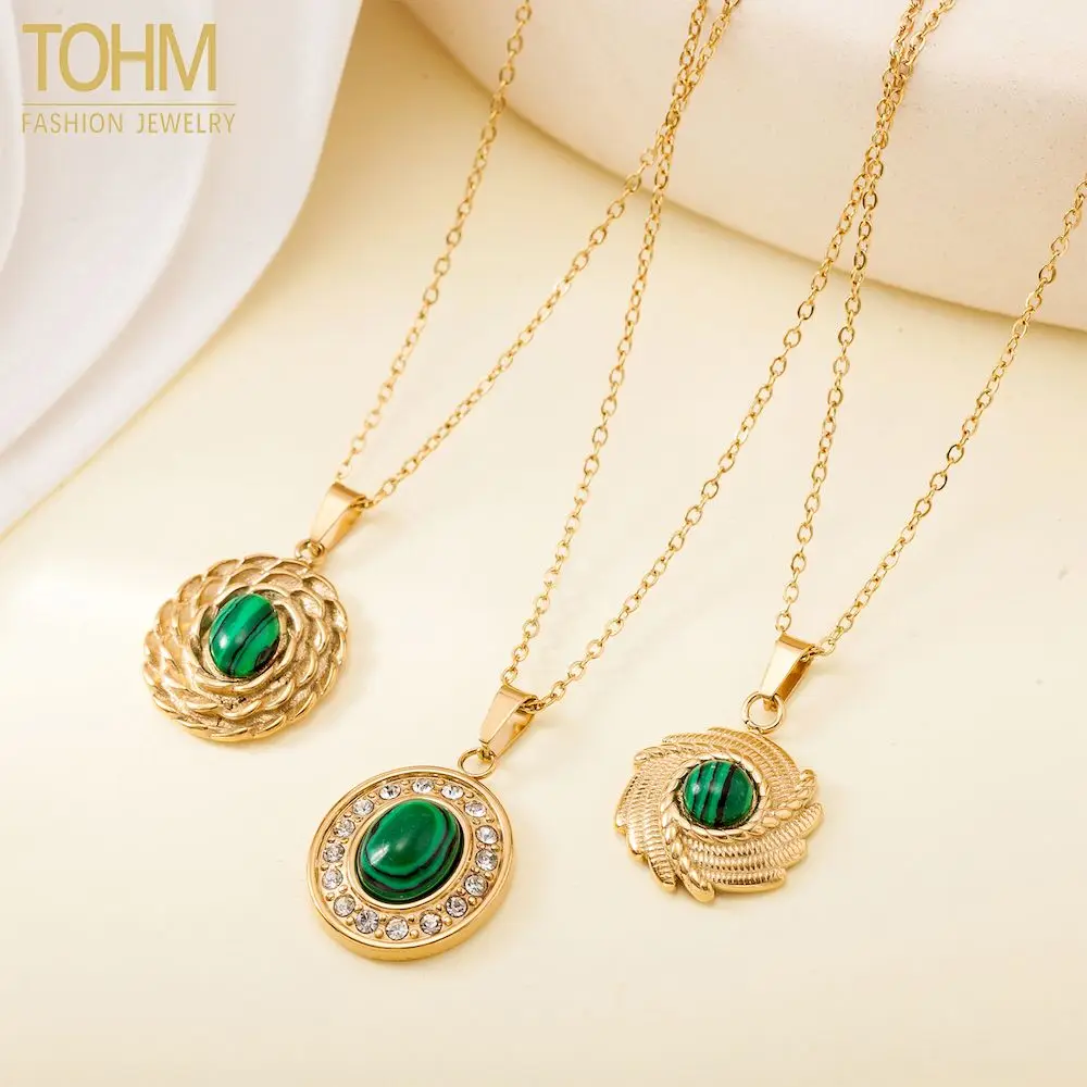 

TOHM Vintage Stainless Steel Geometric Green Crystal Pendant Necklace For Women Girl Wedding Charm Waterproof Jewelry Gift