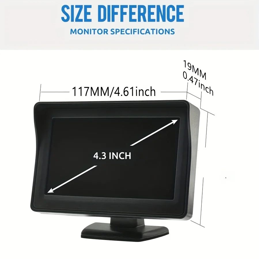 4.3-Inch Car Monitor with Rotatable 160° Wide-Angle Rear View Screen, Hardwired Power & AV Cable Connection, 12-24V Voltage