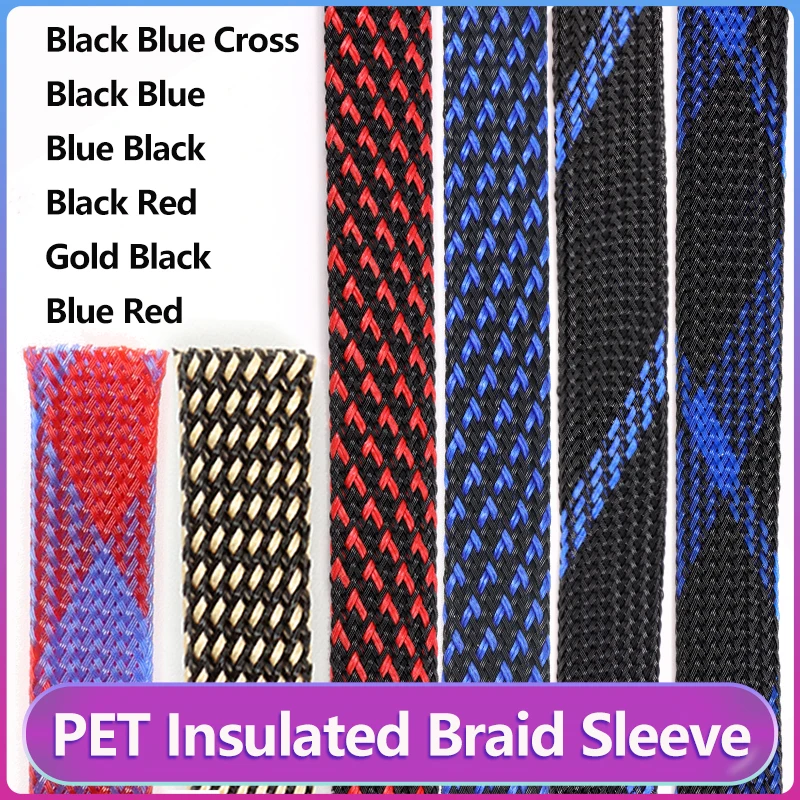 

1-10M 2/4/6/8/10/12/14/16/20/25/30mm PET Braided Cable Sleeve Black-Blue Expandable High Density Insulated Line Protect Sheath