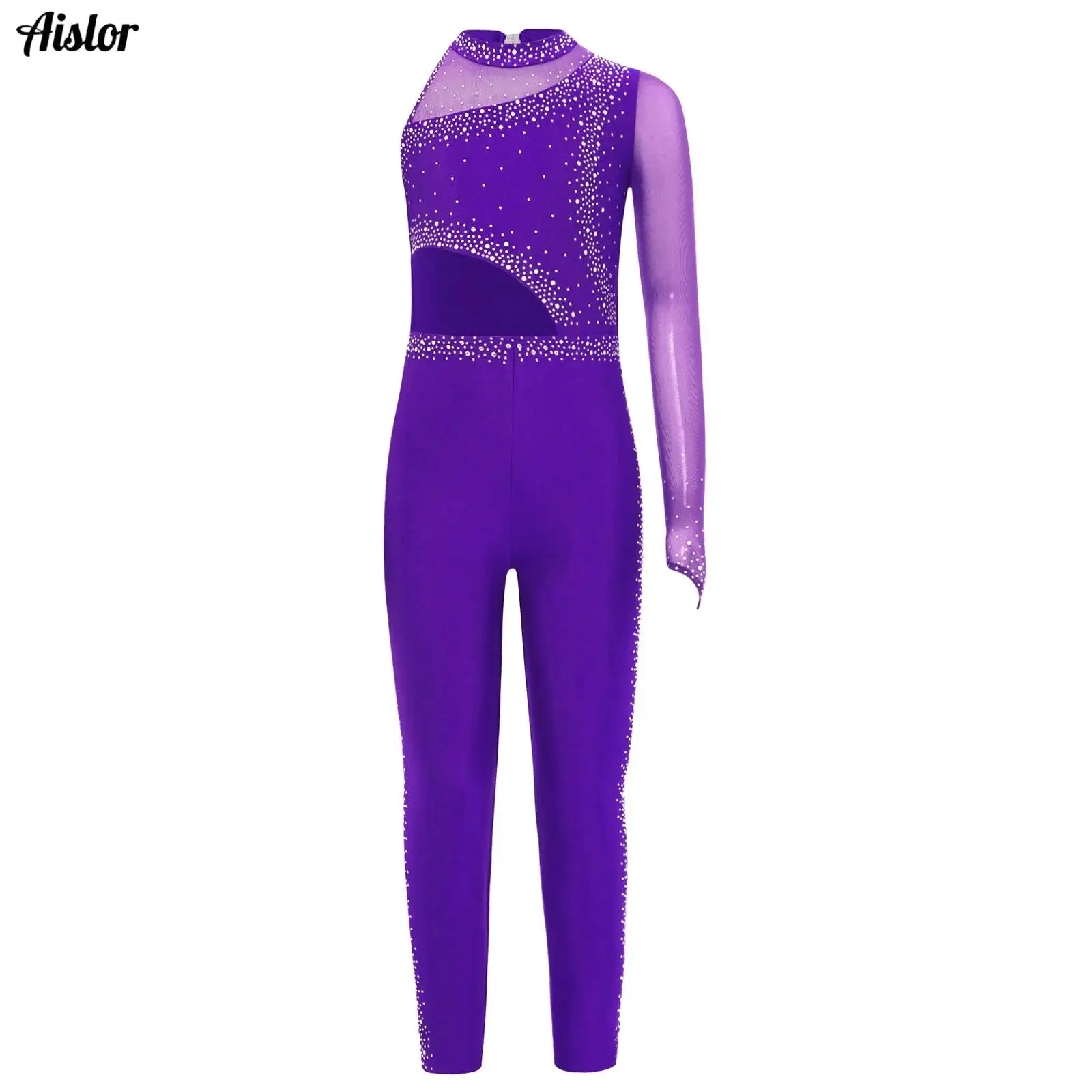Kids Girls Gymnastics Figure Skating Dance Jumpsuit One Shoulder Sheer Mesh Patchwork Sparkly Rhinestones Full Body Leotard