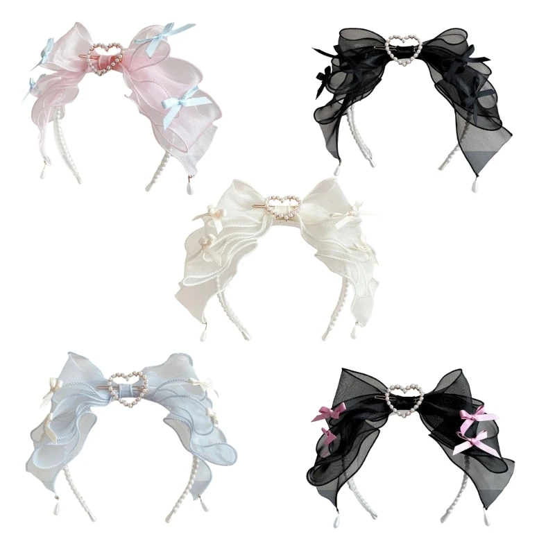 

Elegant Lace Bow Hairband for Womens Pearl Bead Headband Head Hoop Headdress Dropship