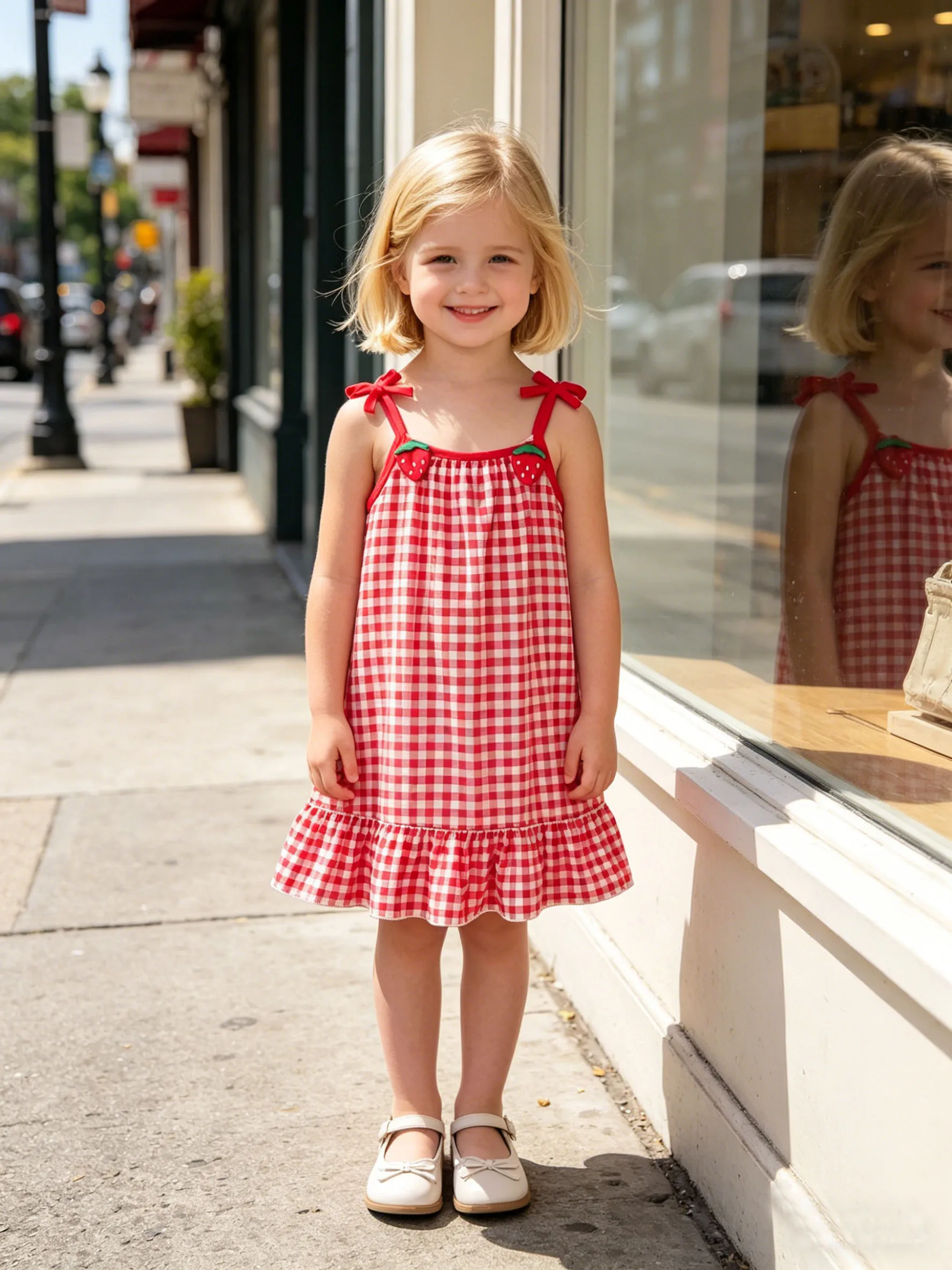 Summer fashion dress for girls, outdoor casual red and white checkered dress paired with 3D strawberry suspender dress