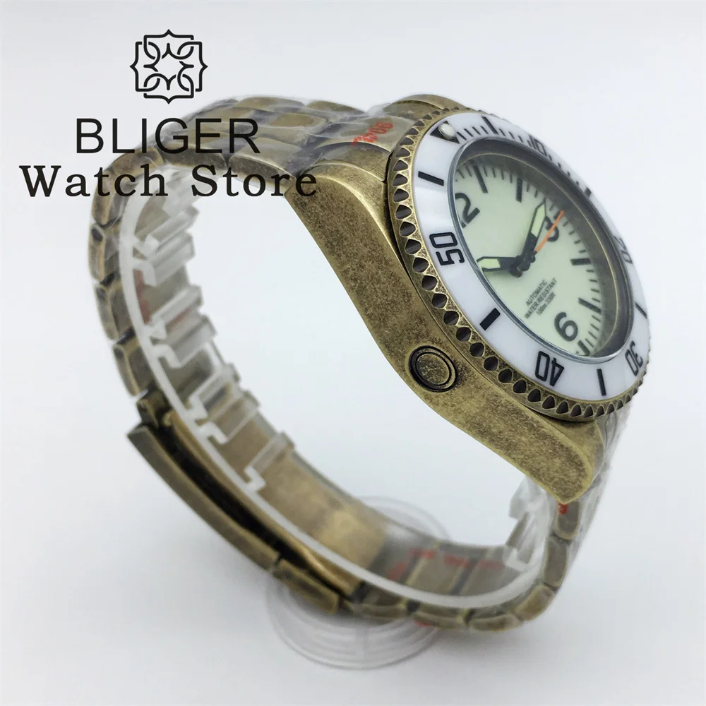 BLIGER-reloj mecánico de buceo japonés NH35A, cronógrafo de bronce de 43mm, movimiento crema, blanco y negro, esfera luminosa, resistente al agua