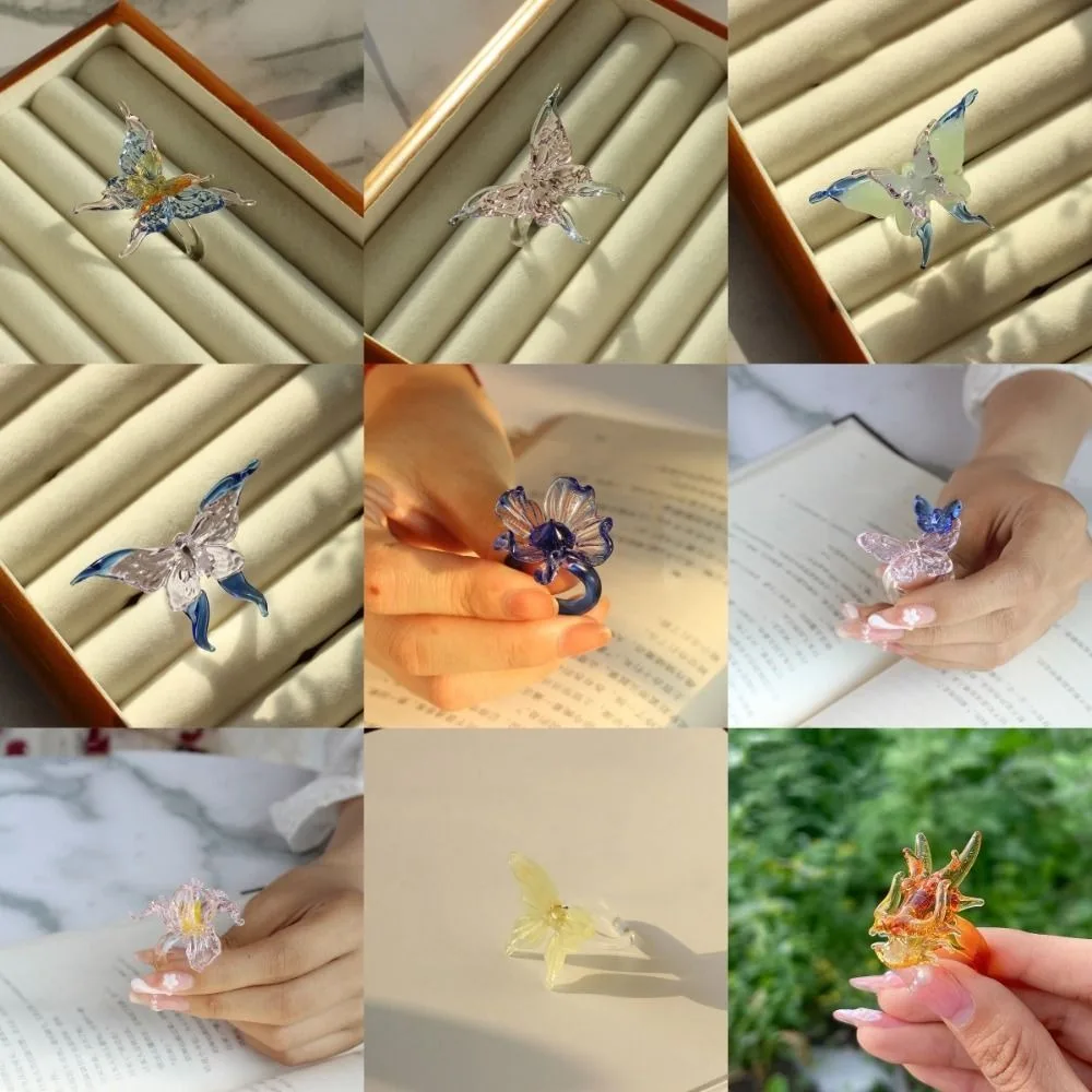 اليدوية الصقيل فراشة خاتم الزجاج الحرف الرائعة الملونة زهرة خاتم خمر مجوهرات التنين الصيني الدائري