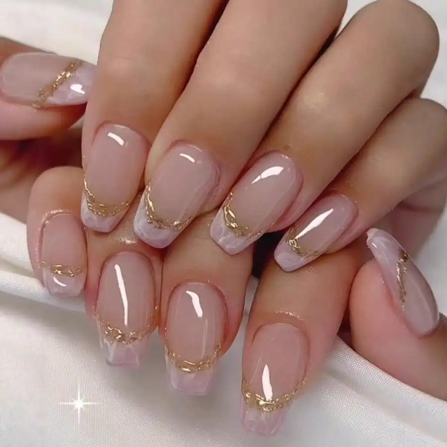 

Women Nude Pink Press On Nails Gold Line French Tip Short Square Luxury Minimalist Daily Party Wedding Gift