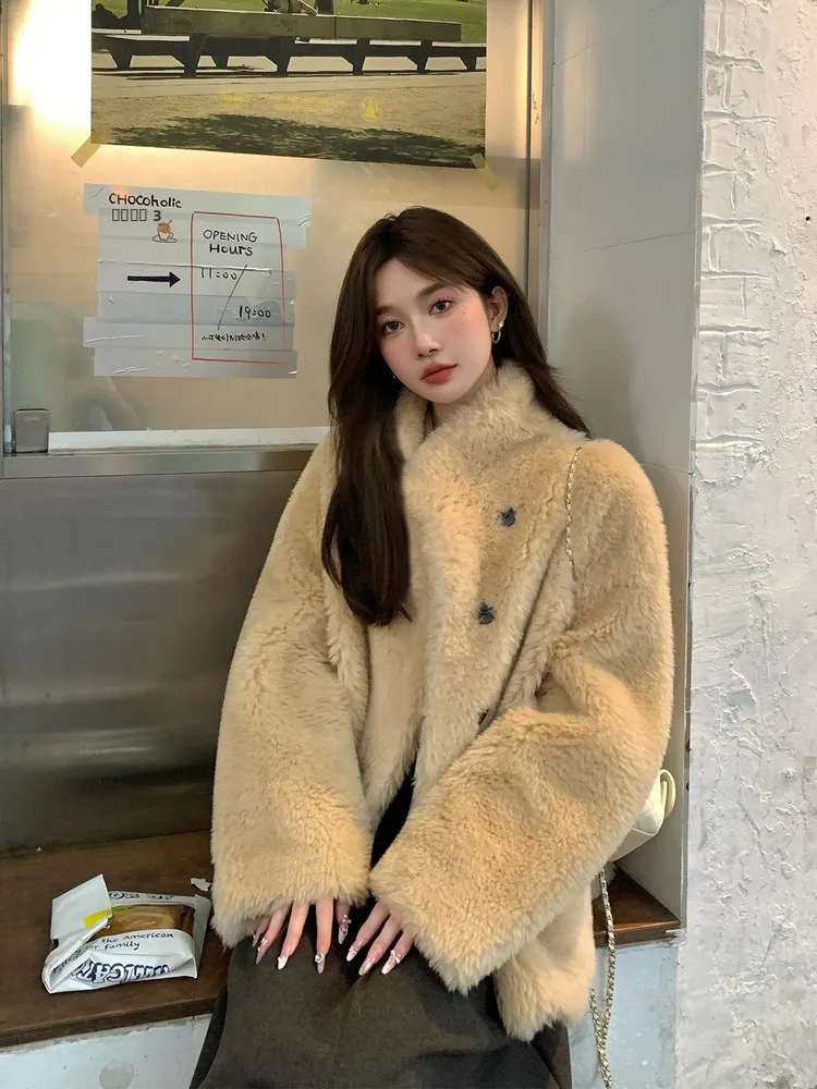 

Женское свободное пальто из овечьей шерсти Butter Bear: комфортное, теплое, декоративное, в корейском стиле, с длинными рукавами и высоким воротником