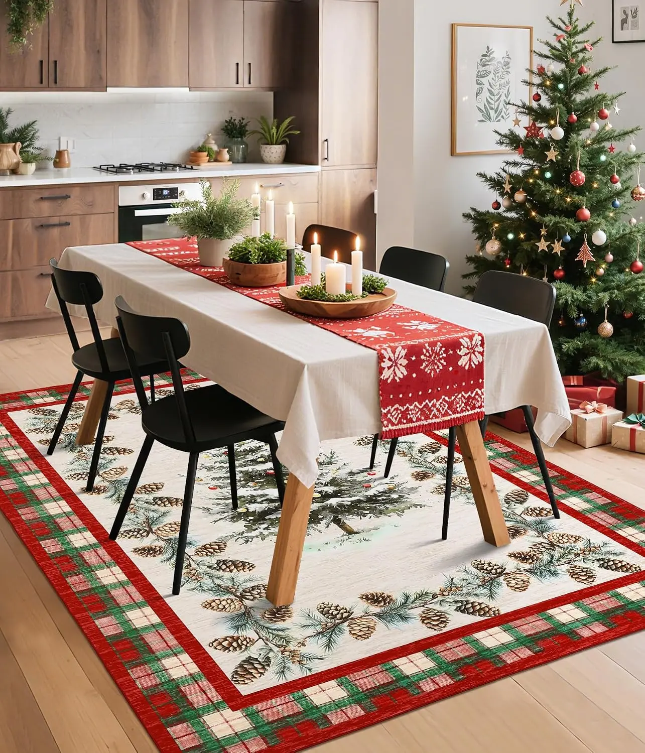 1pc 2D Flat Off White Background Christmas Tree Pine Cone Plaid Border Printed Floor Mat, Decorative Rug for Living Room