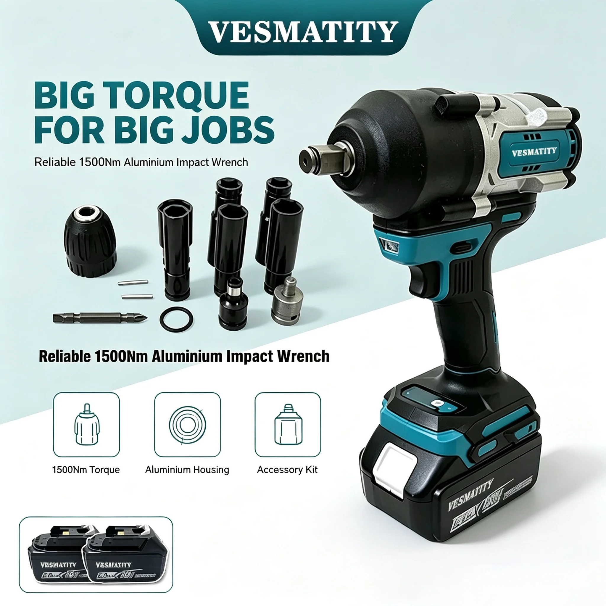 1500N.M Torque Brushless Electric Impact Wrench Cordless Electric Wrench 1/2 inch for 18V Battery Pins Screwdriver Tools