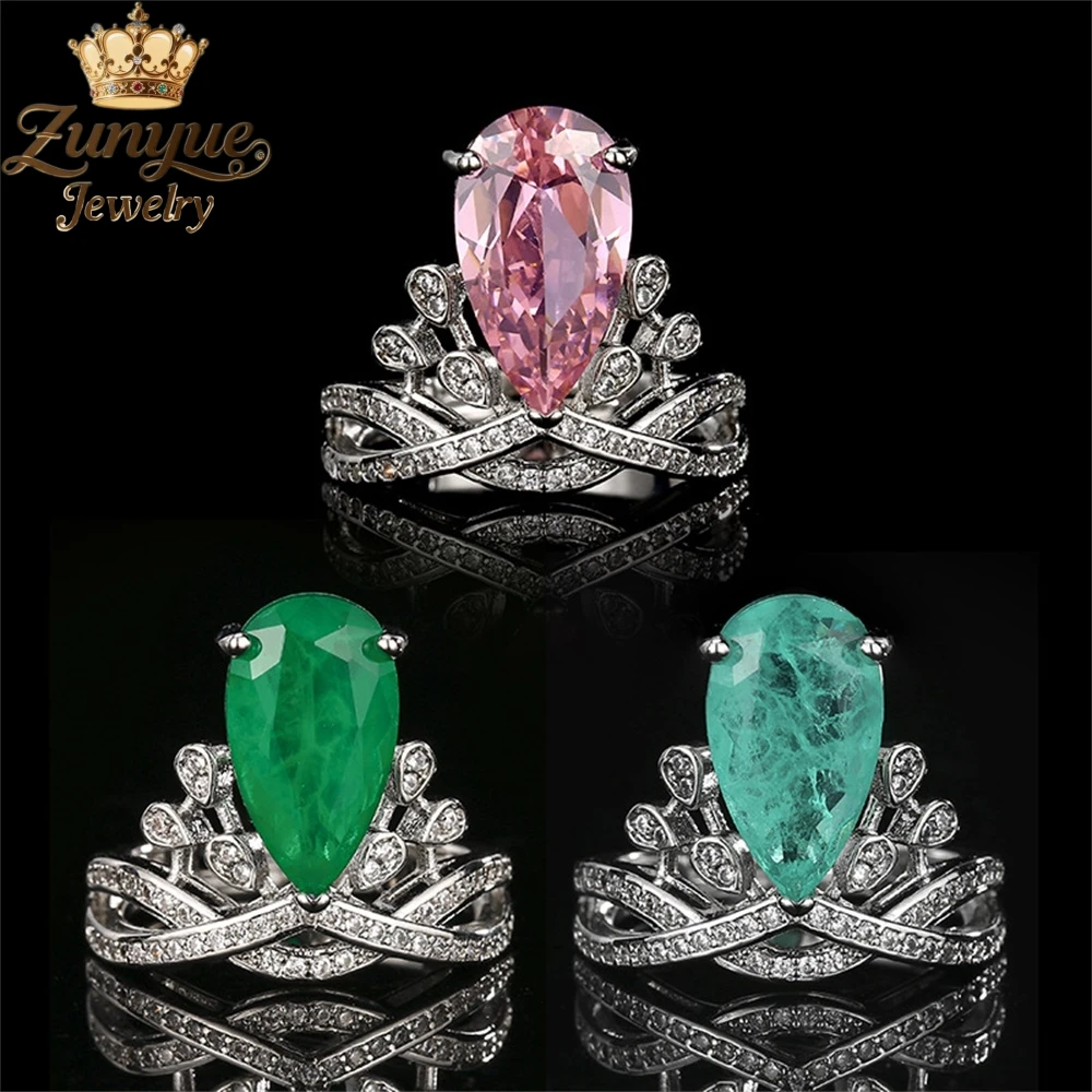 Colorful Crystal Glass Three-Dimensional Water-Drop Pear-Shaped Crown Set With Diamonds Ring Luxury Quality Fashion Jewelry Gift