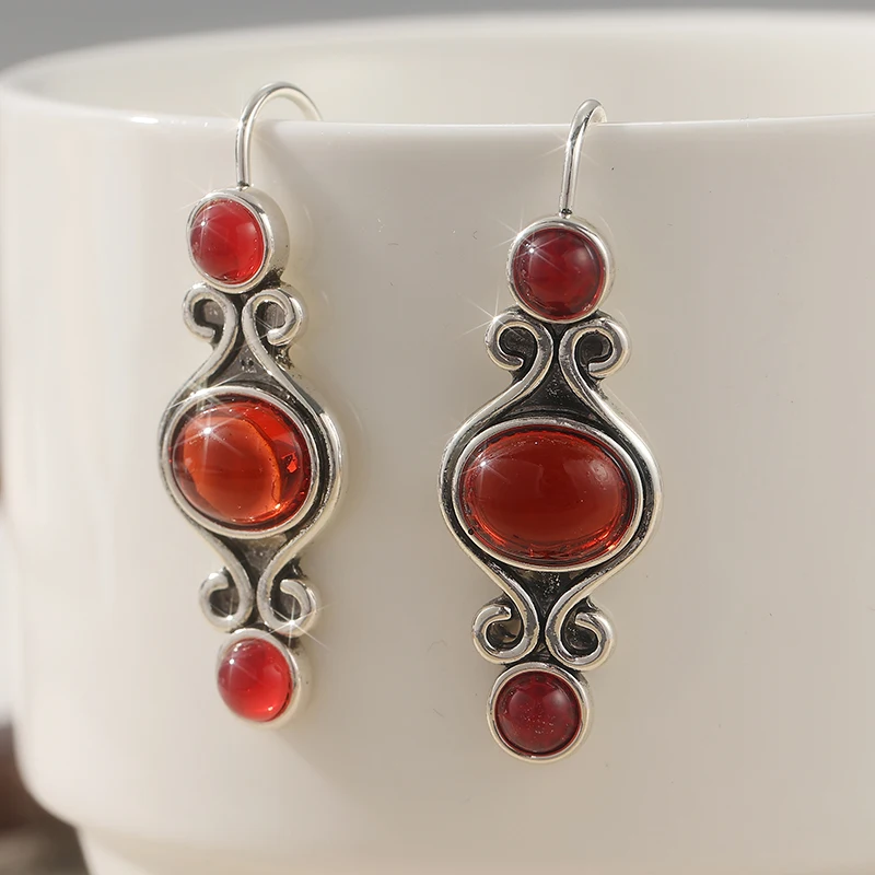 Design Inlaid Red Stone Dangle Women's Earrings Trendy Silvery Color Hand Carving Daily Wear Party Jewelry Anniversary Gift
