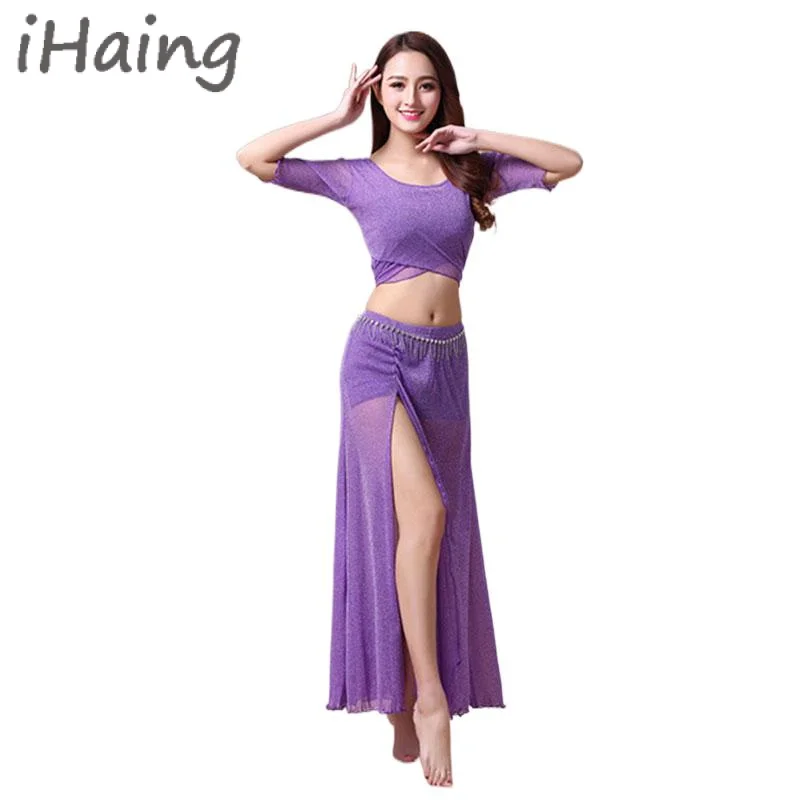 2PCS Belly Dance Lesson Class Suit for Beginners Women Mesh Top   Long Skirt Practice Dancing Training Outfit Yoga Dancewear