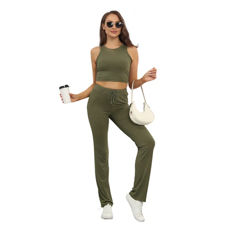 

Fashion Summer New Solid Color High Elastic Slim Round Neck Crop Sleeveless Top Fashion Casual Pants Women's Two-piece Suit