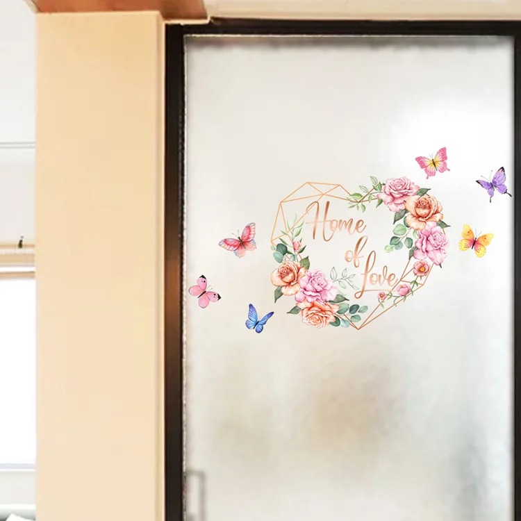 Herzförmiger Blumen-Schmetterlings-Wandaufkleber für Wohnzimmer, Glasfenster, Dekoration, Wandbild, Heimverschönerung, selbstklebende Türaufkleber – Detail 4
