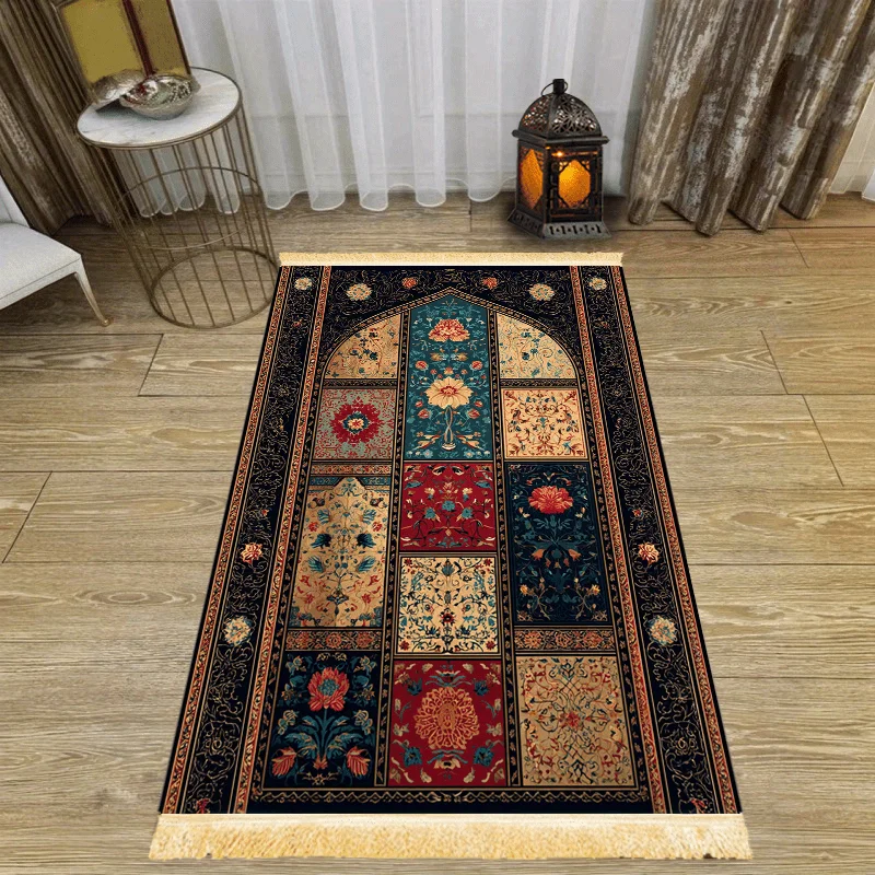 VIKAMA Islamic Prayer Mat With Tassels Portable Foldable Family Prayer Mat Suitable For Indoor And Outdoor Pilgrimage Activities