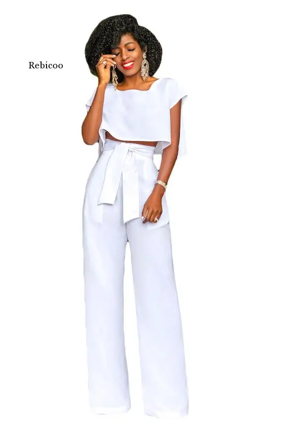 2 PCS Women's Summer Pantsuits Short Sleeve Shirts  High Waist Bow Pants Oversize Sexy Straight Outsuit Pants Set Playsuit 2021