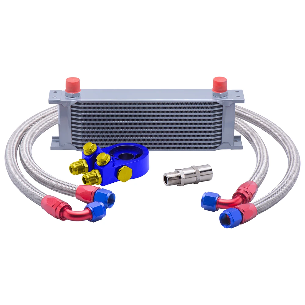 universal silver 13 rows oil cooler kit with blue oil filter sandwich adapter + sliver stainless steel braided AN10