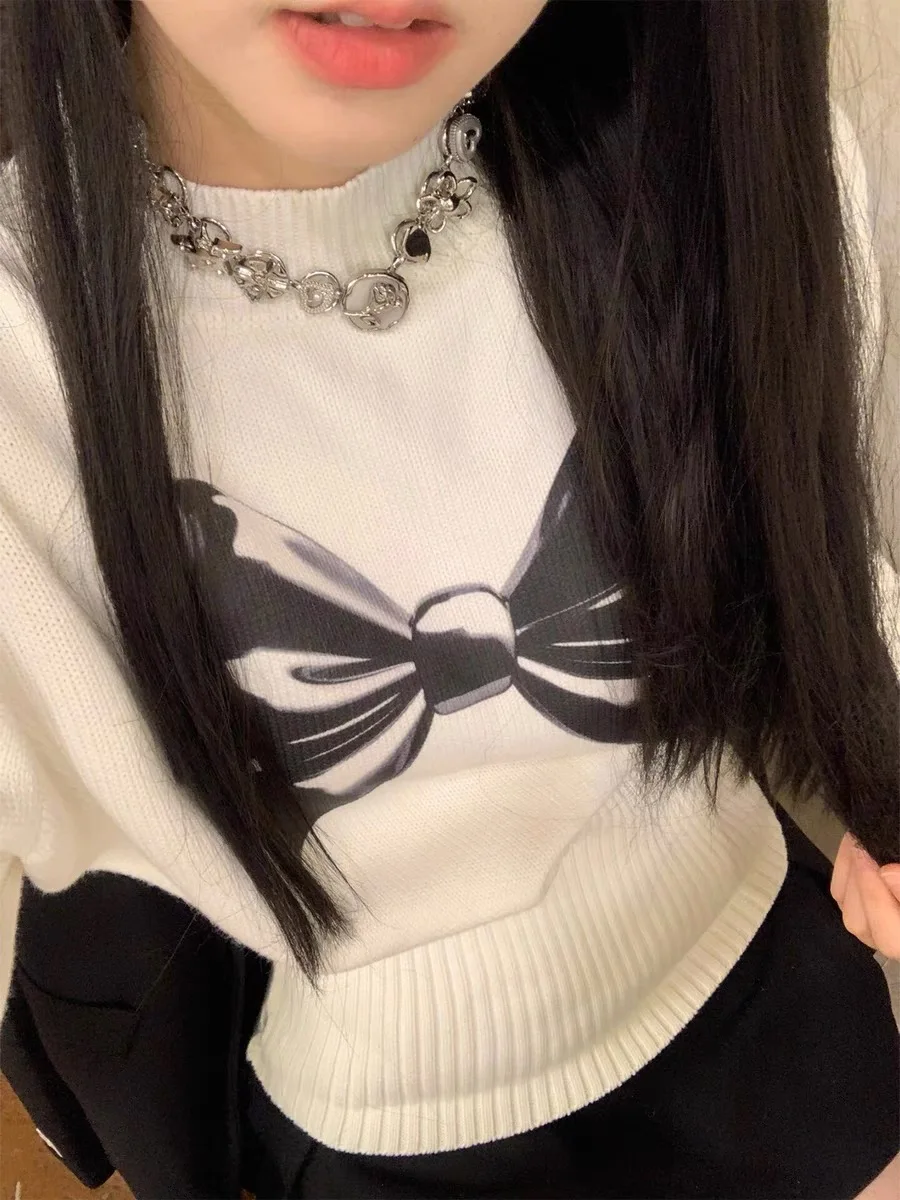 Deeptown Bow Graphic Print Sweaters Women Korean Fashion Kpop Sweet Girl Pullover Coquette Half High Collar Long Sleeve Tops