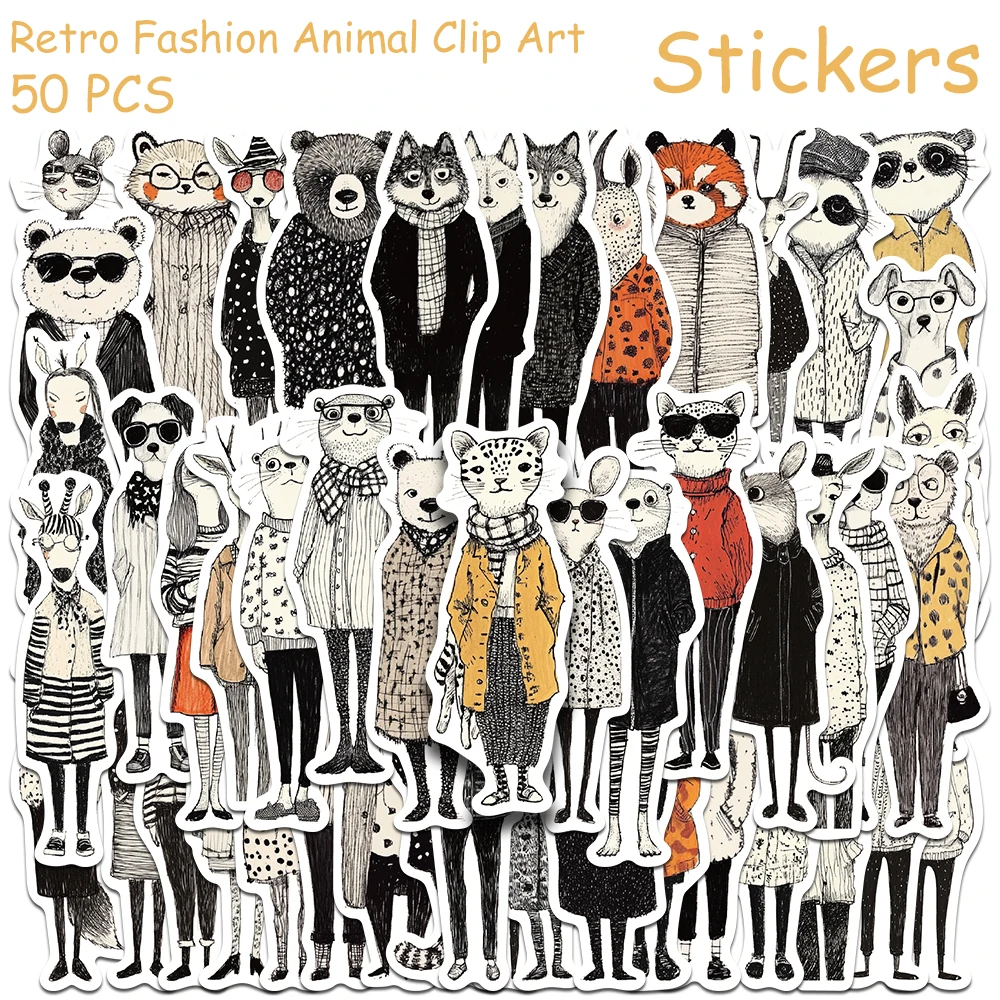 

50pcs Retro Fashion Animal Clip Art Stickers Decals For Phone Suitcase Skateboard Helmet DIY Cartoon Aesthetic Stickers Kid Gift