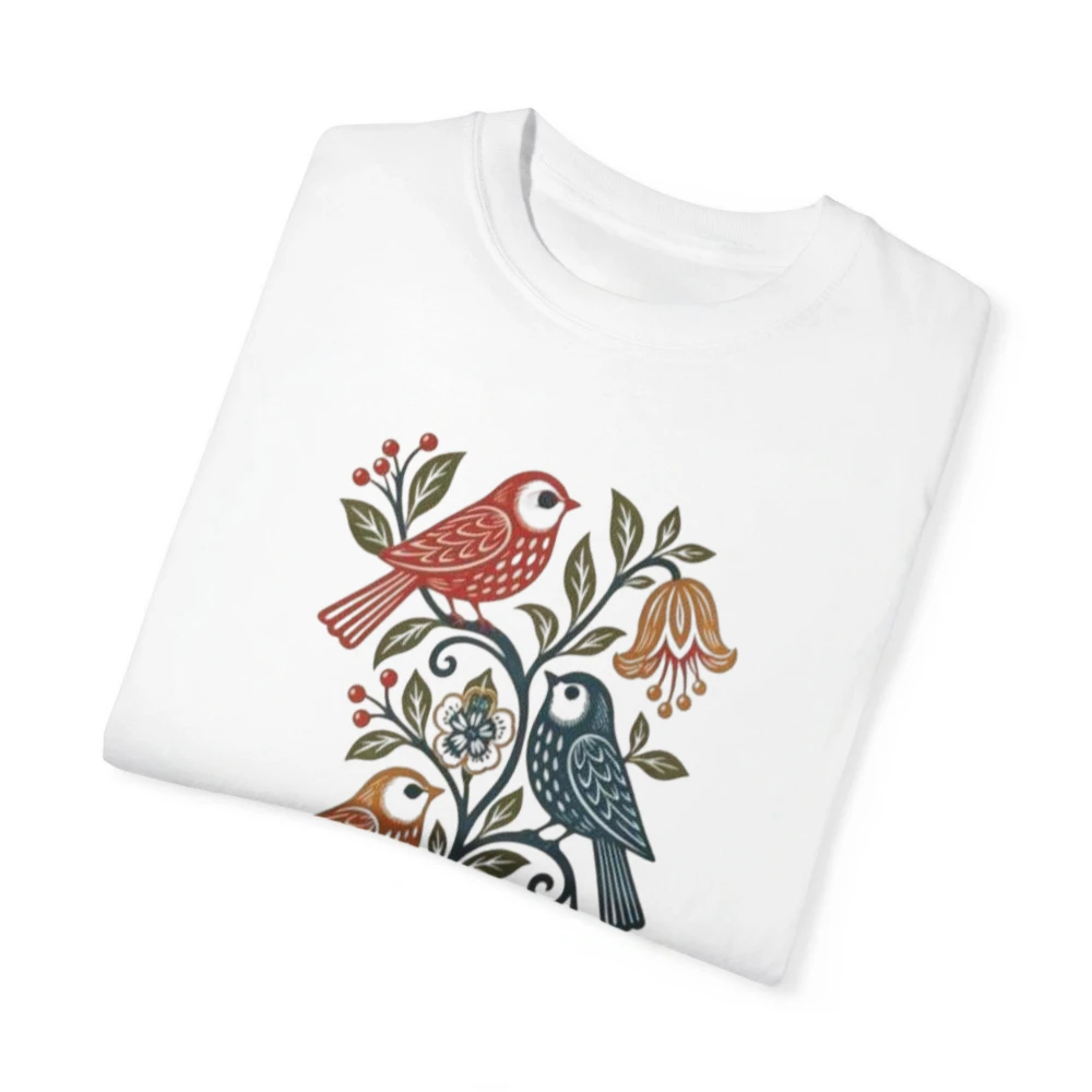 Vintage Scandinavian Folk Art Bird Shirt Floral Graphic Tee Retro Botanical Print Cotton Tshirt Unisex Fashion Short Sleeve Top