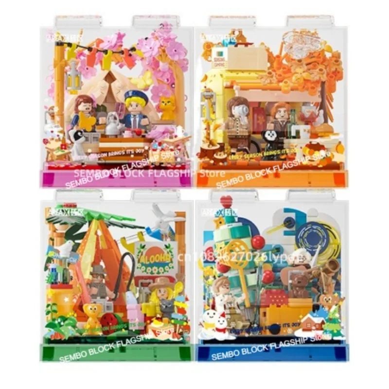 Blocchi di costruzione assemblati per quattro stagioni da campeggio Divertimento campeggio Scatola Kawaii Modello giocattolo Ornamenti per il desktop Regali di festa per bambini