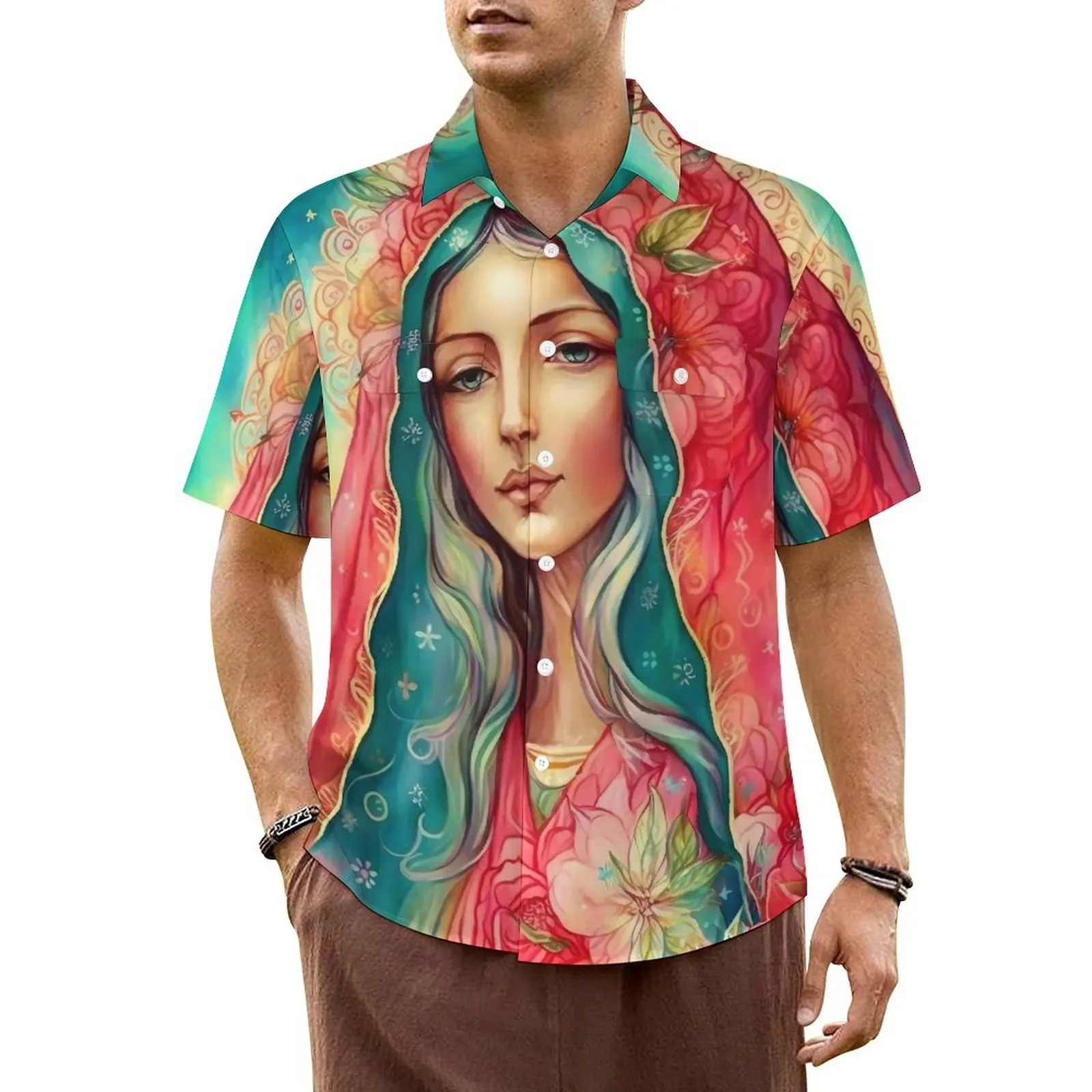 

Virgin Mary Vacation Shirt Men Christian Mother Classic Casual Shirts Hawaiian Short Sleeve Comfortable Graphic Oversize Blouses