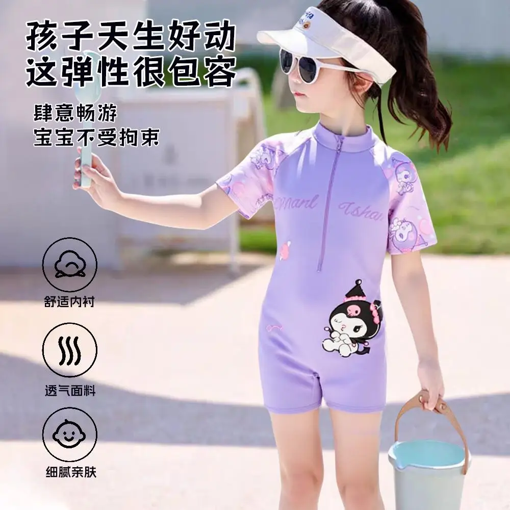 

Детский купальник Sanrio Kuromi My Melody, летние шорты с короткими рукавами для девочек, сиамские купальники, пляжное быстросохнущее бикини для отпуска