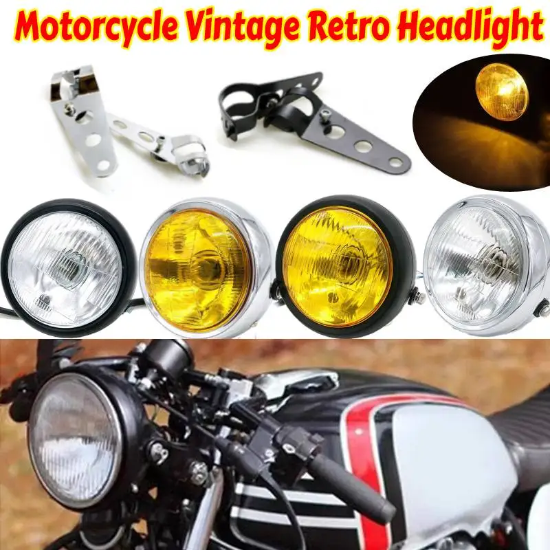 JaneShop Motorcycle Headlight Universal Retro Change Triangle Metal Headlight Suitable for Replacement for Harley Chopper Cafe Racer, Custom Black Amber Lens