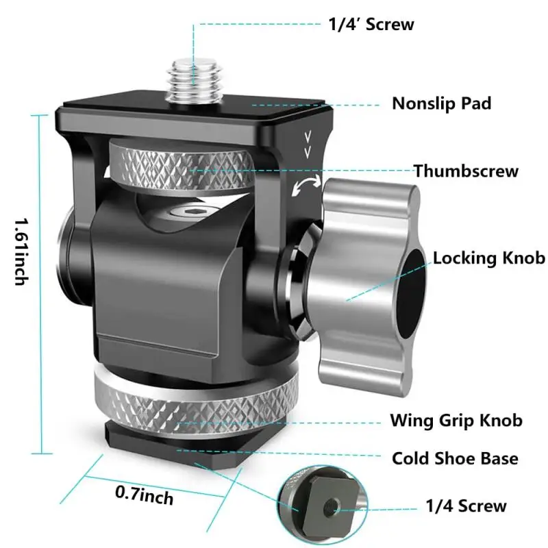 Soporte de cabeza de caracol ajustable de aleación de aluminio de 1/4 pulgadas para cámaras Slr, cámaras universales sin espejo y accesorios de zapata fría