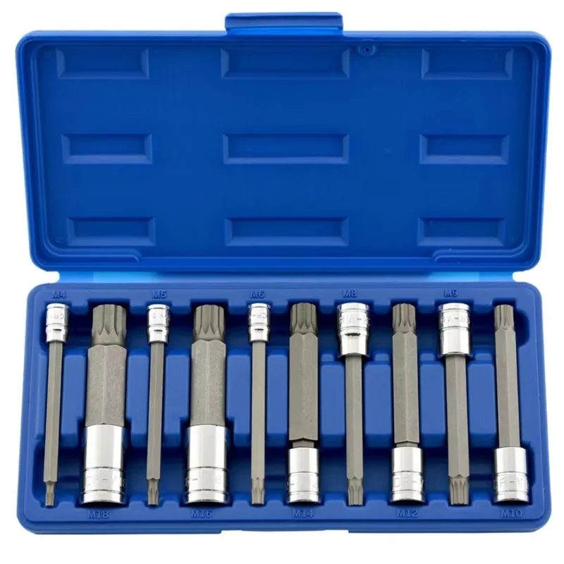 New 10Pcs/set Triple Square Spline Bit Socket Set Extra Long Type 100mm Short Type S2 Bit,Cr-V Socket Metric 4mm-18mm