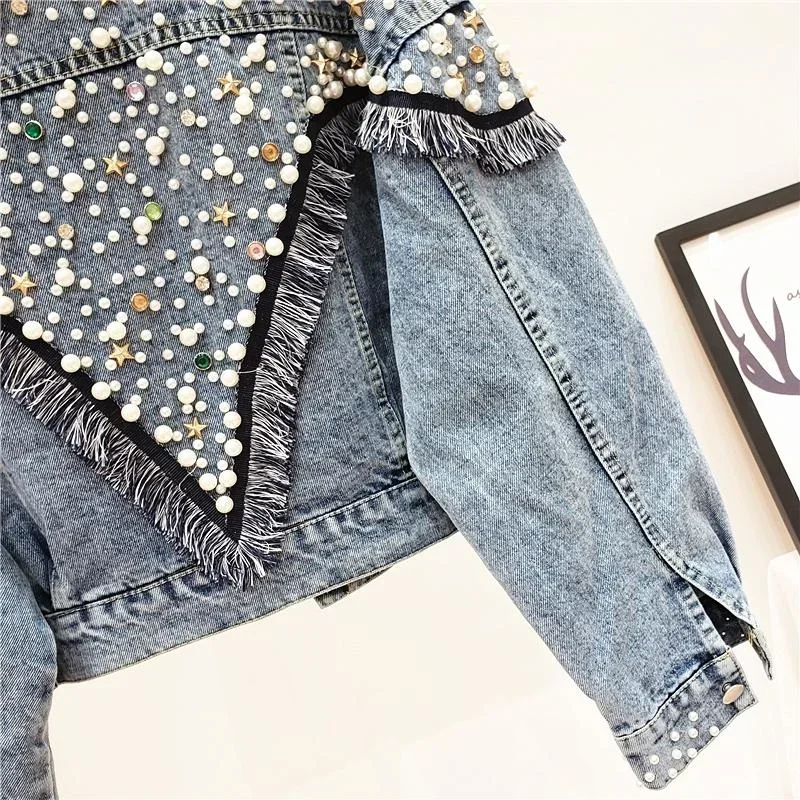 New Mujer Spring Autumn Streetwear Denim Jacket Women Hand-studded Pearls Punk Tassel Veste Femme Loose Short Jeans Coats A580