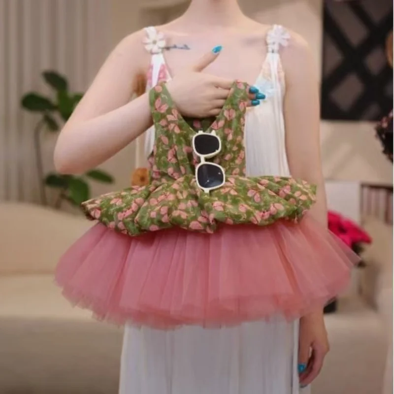 Baby Girl Dress 2026 Summer New Collection Forest Printed Tank Top Skirt for Girls, Mesh Splicing Puffy Princess Skirt