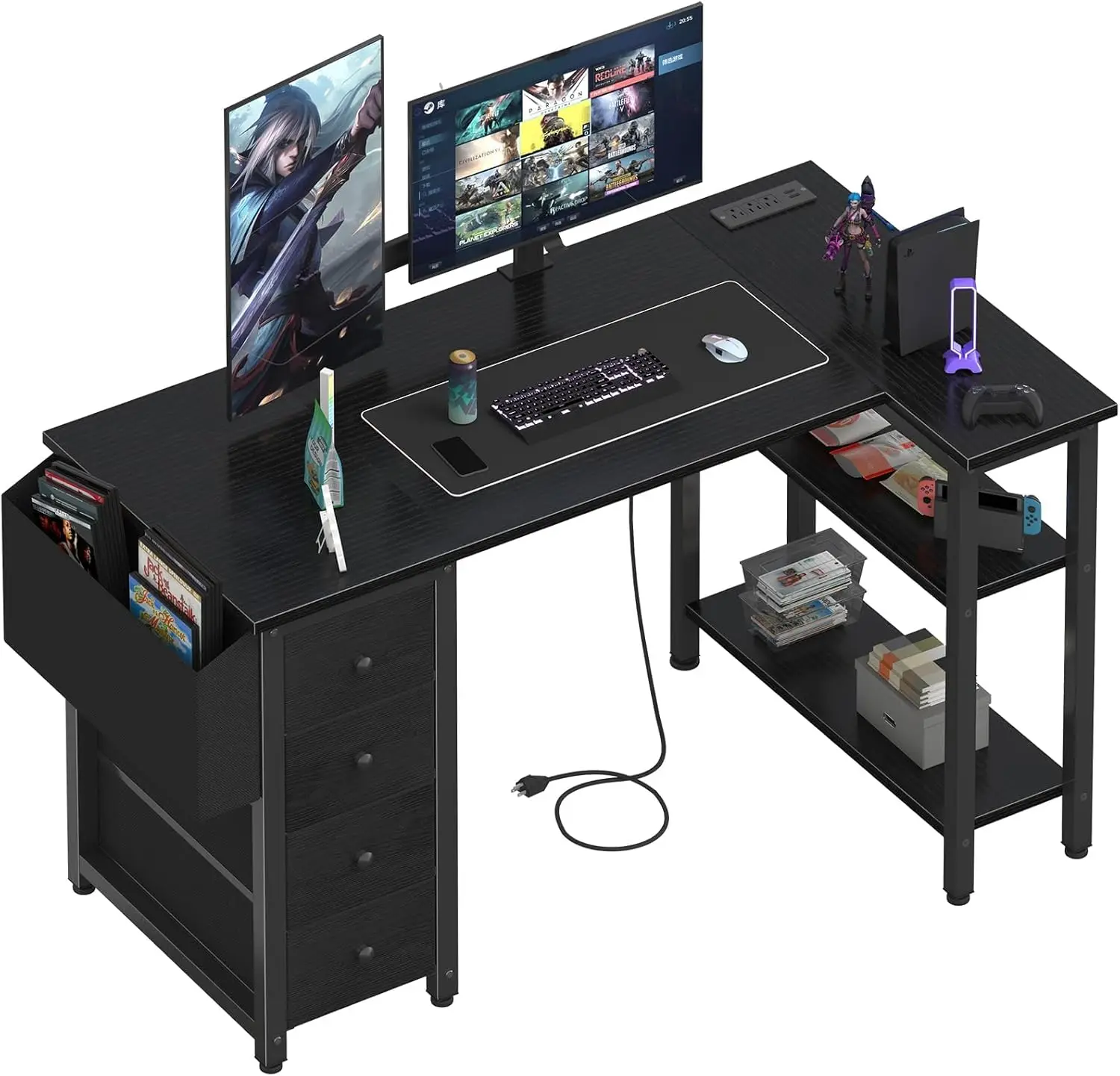

L Shaped Gaming Desk with Power Outlet, 47 Inch Reversible Corner Computer Desk with Drawers