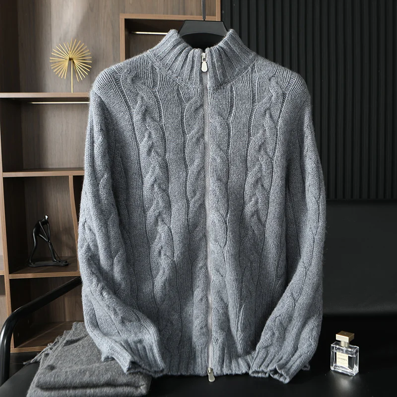 Men's 100% Pure Cashmere Knitting High Neck Cardigan Zipper Thickened Coat Fashion Old Money Style Big Fried Dough Twist Design