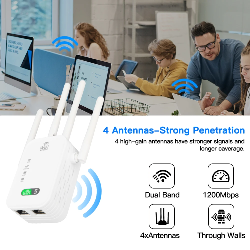 WiFi Repeater 1200Mbps Wireless Amplifier Dual Band 2.4G 5GHz Network Long Range Signal Booster For Home Office Wi-Fi Booster