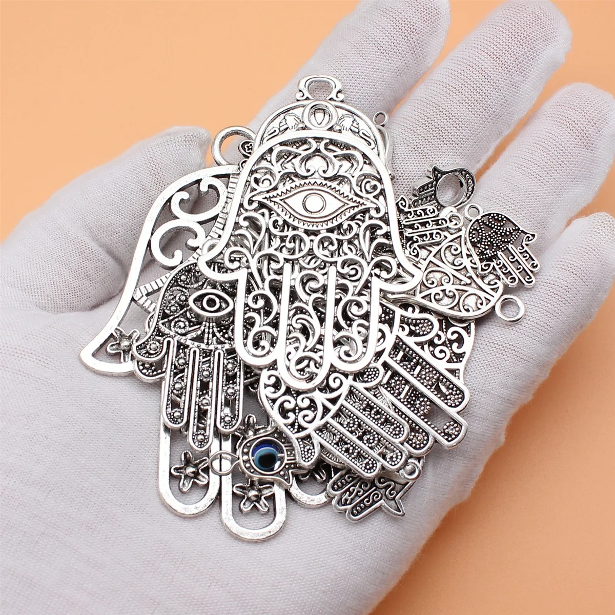 24pcs Antique Silver Color Hamsa Hand Charms Collection For DIY Jewelry Making, 24 Styles, 1 of Each