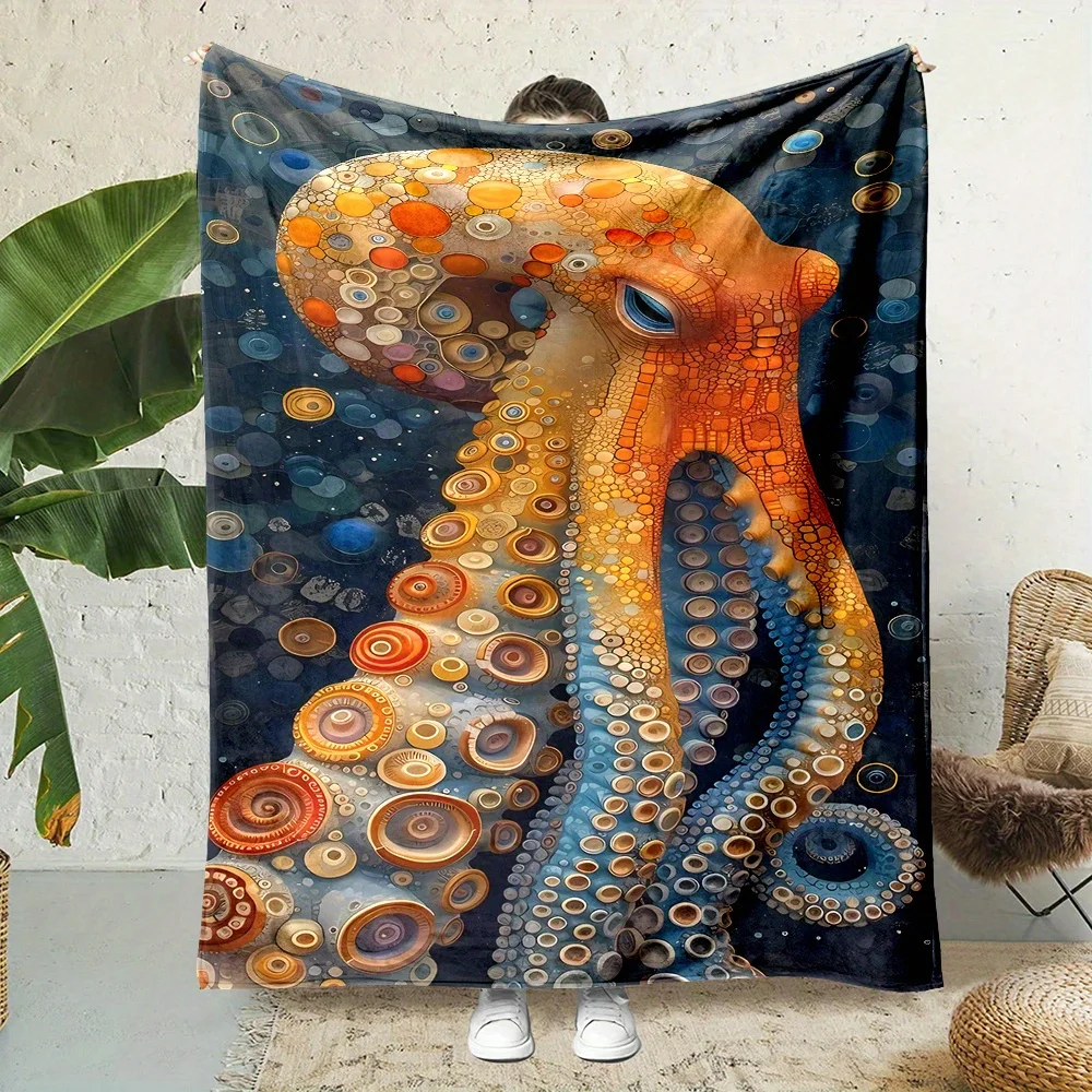 

Негабаритное двустороннее одеяло с принтом осьминога — плюшевое фланелевое всесезонное покрывало, мягкое синее и золотое покрывало с щупальцами для