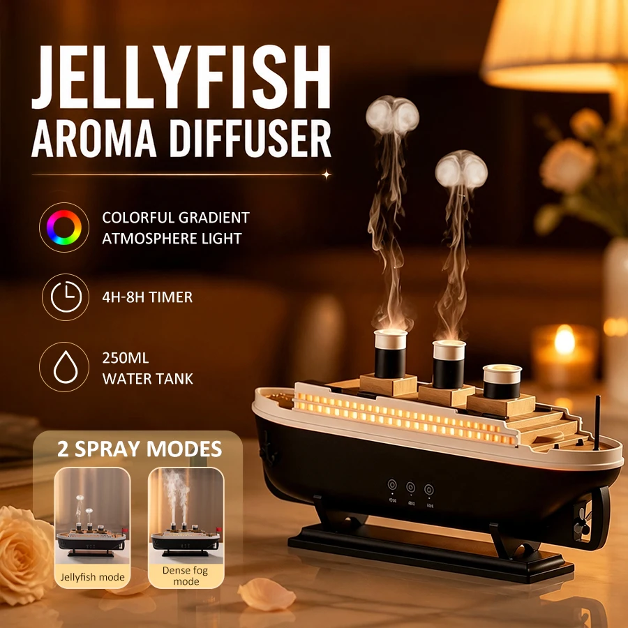 Ship Aroma Diffuser, 7 Color Lights, 2 Timers, 2 Mist Modes (Jellyfish), Humidifier for Bedroom Living Room