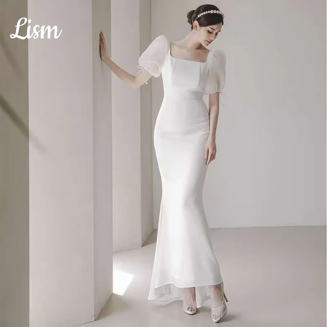 Lism Elegant Wedding Party Dress Short Puff Sleeves Mermaid Korea Photo shoot Bridal Reception Gown Custom Made Evening Dresses