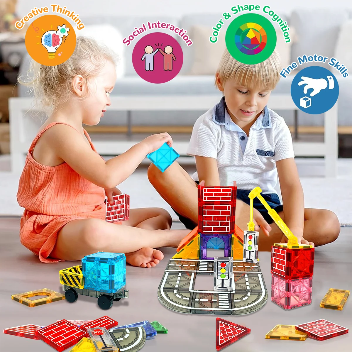 Magnetic Road Set With Car Toys Boys & Girls, Magnet Building Blocks Construction Toys Christmas Birthday Gifts for Toddlers