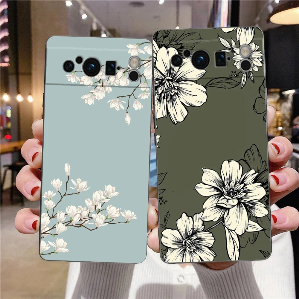 

Phone Case For Google Pixel 8 7 6 Pro 8A 7A 6A TPU Shell Soft Silicone Shockproof Black Cover Flower