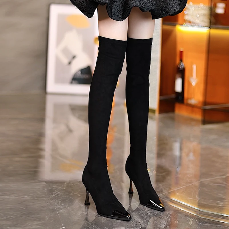 

Женские сапоги до колена, замшевые женские высокие сапоги с острым носком, элегантные туфли-лодочки на высоком каблуке-шпильке, женские зимние сапоги 2025, женская обувь