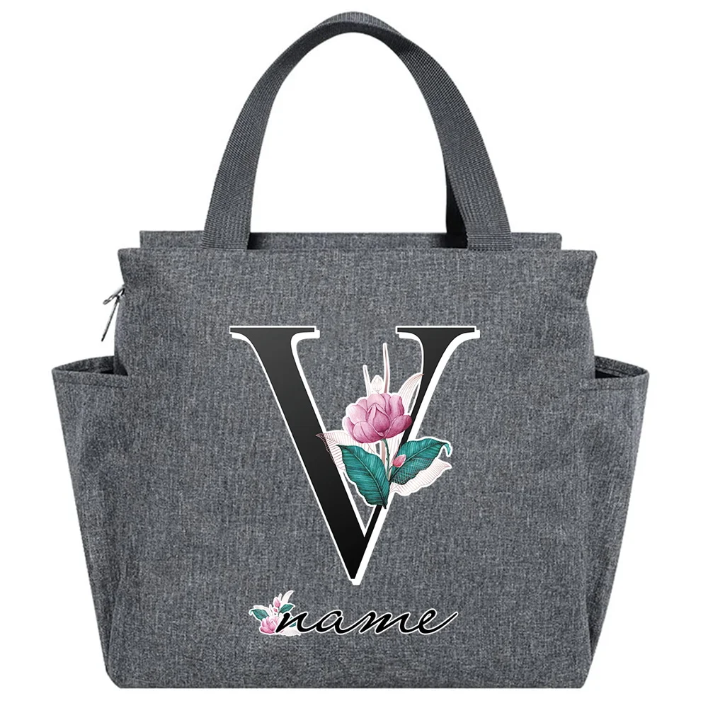 Customized Name Black Letter Lunch Bag Insulated Thermal Canvas Handbag Picnic Unisex Travel Lunch Box Portable Food Tote Bags