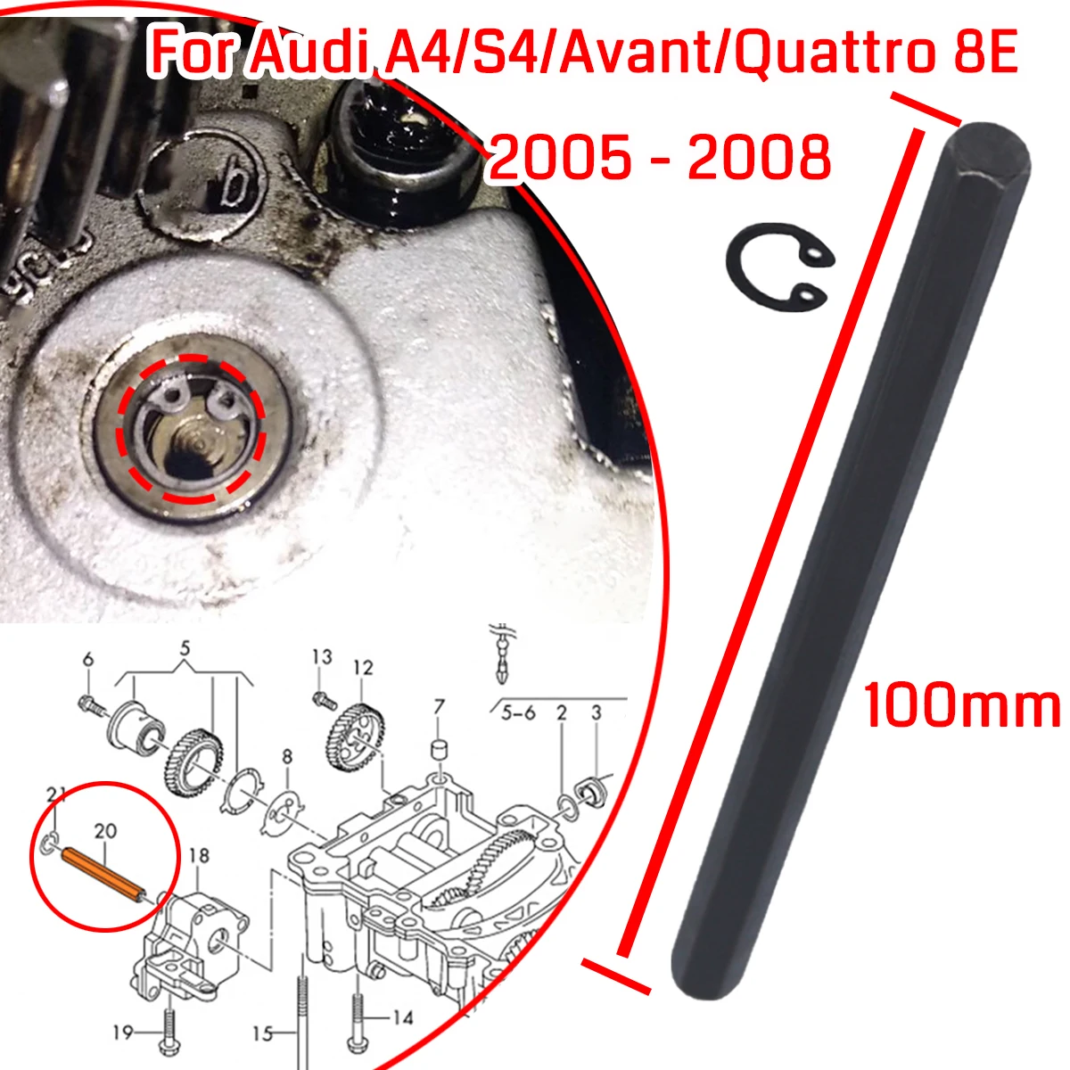 For Audi A4/S4/Avant/Quattro 8E 2005-2008 Oil Pump Drive Key 2.0TDI Hexagon Oil Pump Shaft with Securing Ring Circlip Parts Car