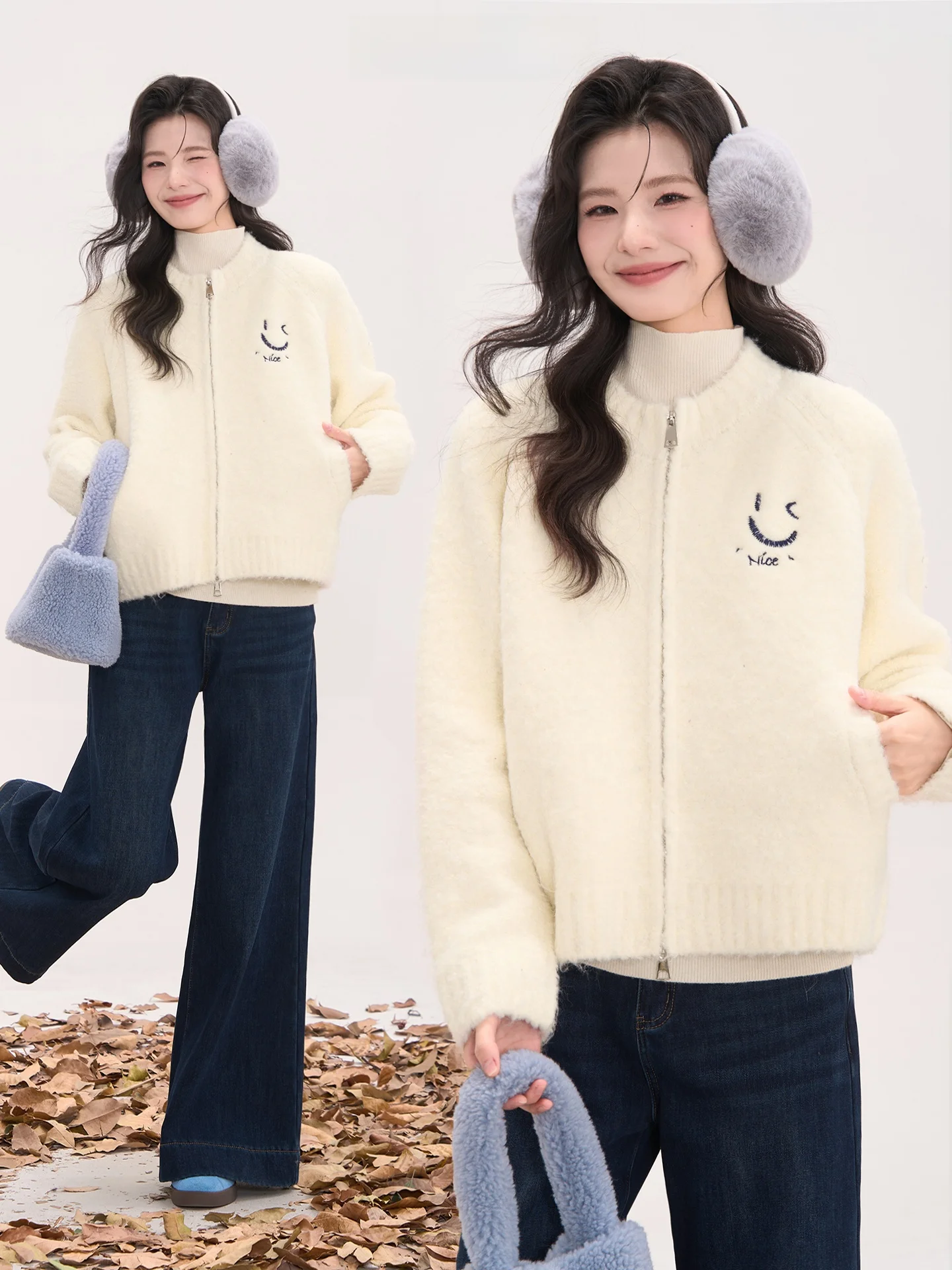 

Korean Sle Smiling Face Embroidery Sweater Women's Winter Circle Fur Open Cardigan Coat Warmth Comfortable Soft Material