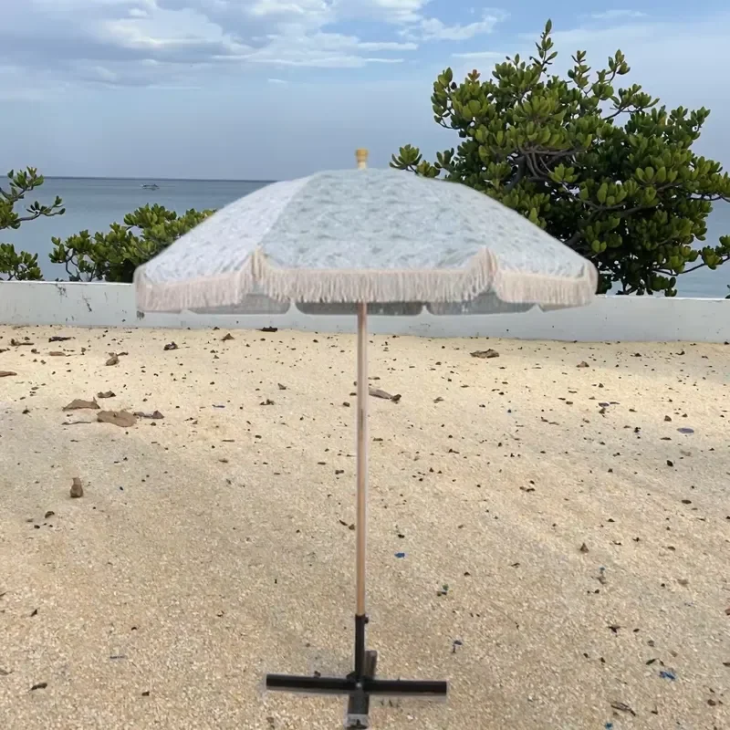 Australia New Zealand Vintage Boho Wooden Pole Canvas Fringed Windproof Outdoor Parasols Portable Beach Umbrellas with